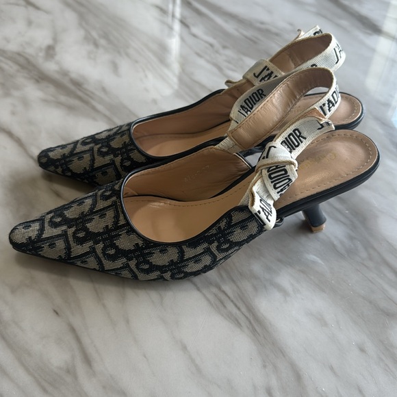 Dior Monogram Black and Cream Slingback Heels - Picture 2 of 5